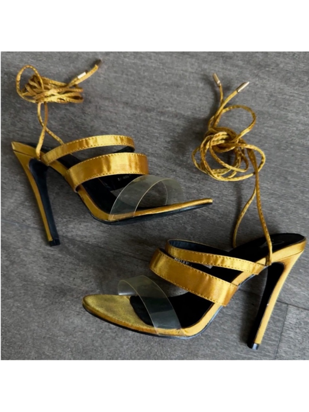Metallic Mustard Gold & Clear Lace-Up Heels - Size 6